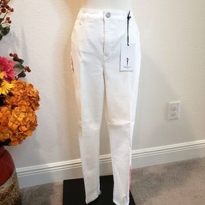 SKINNYGIRL Sarah Mid Rise Skinny Ankle Red Stripe White Jeans--NWT--32/14